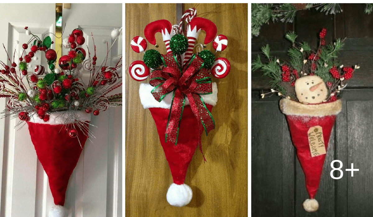 decoracion de gorros navideños para puertas con bastones navideños
